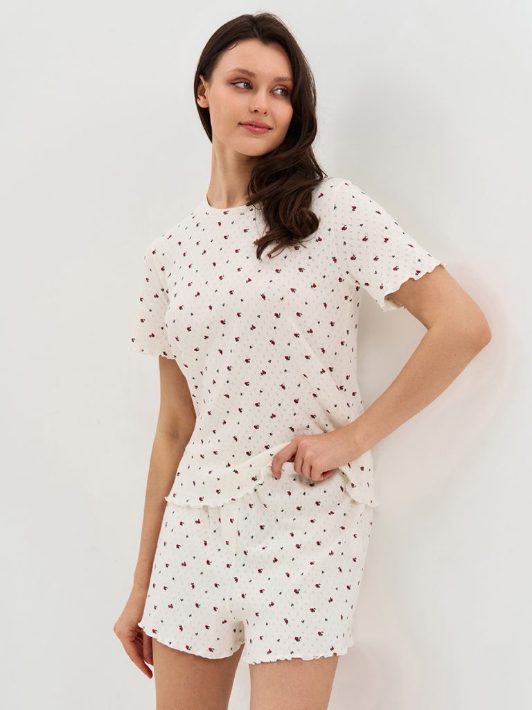 Пижама OMSA Pointelle Print футболка и шорты с гульфиком, ажурный хлопок