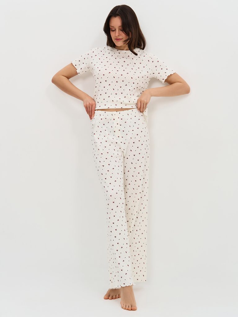 Пижама OMSA Pointelle Print футболка и брюки широкие с гульфиком, ажурный хлопок