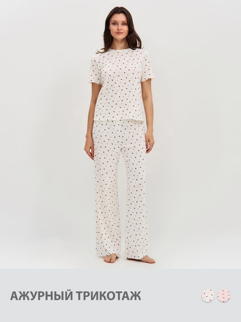 Пижама OMSA Pointelle Print футболка и брюки широкие с гульфиком, ажурный хлопок